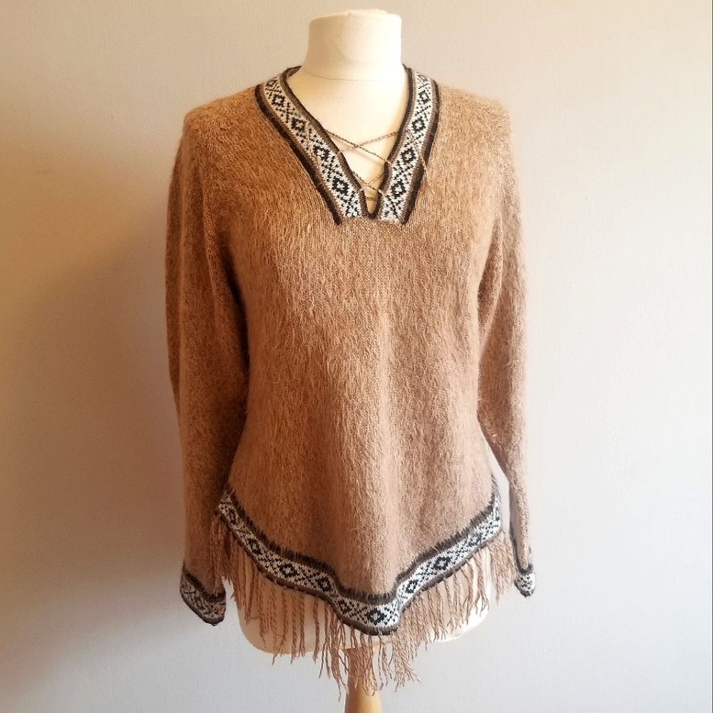 Bolivian hand made 100% wool long sleeve lace-up v-neck sweater blouse small/med